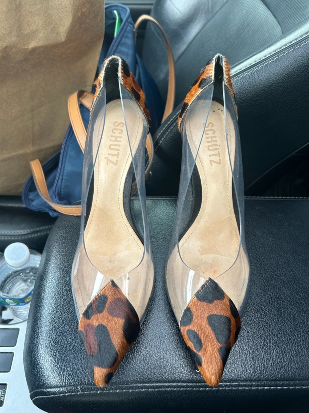 SCHUTZ Leopard-Accent Clear Pointed Toe Slingback Pumps - Brown/Black